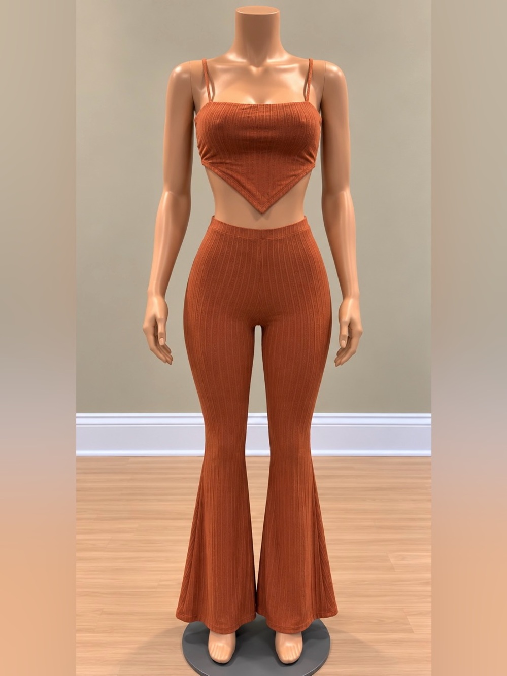 OOTDFash Rust Ribbed Backless Tie Crop Top Flare Pants 2 Piece Set Y2K